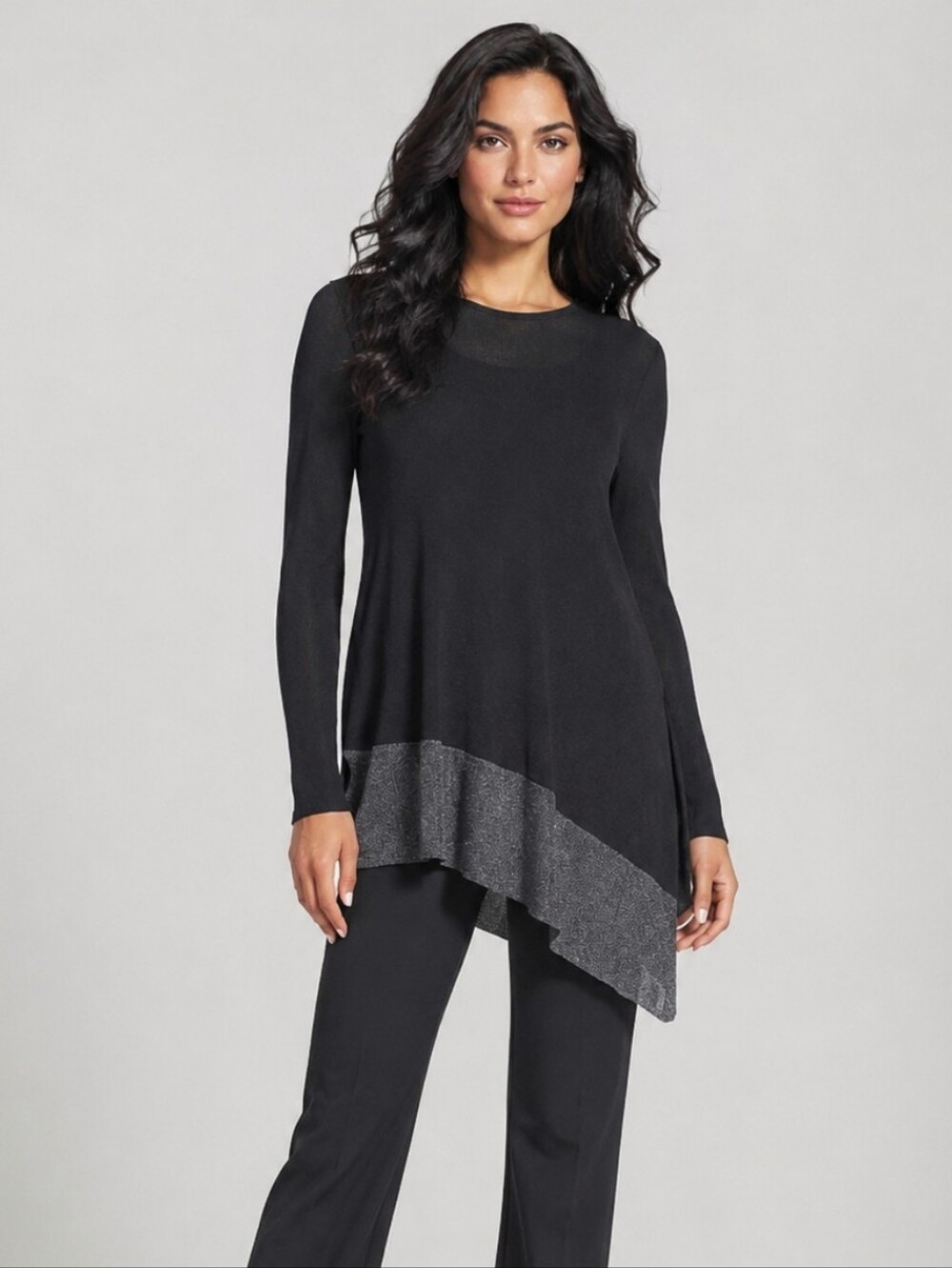 Eileen Fisher Asymmetrical Tunic Top Metallic Black Knit Minimalist Sz Medium